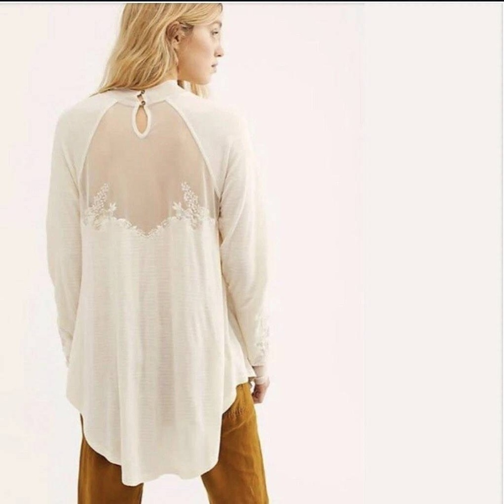 Free People Long Sleeve Top Lace Cream Floral Embroidered Mesh Mock Neck Medium